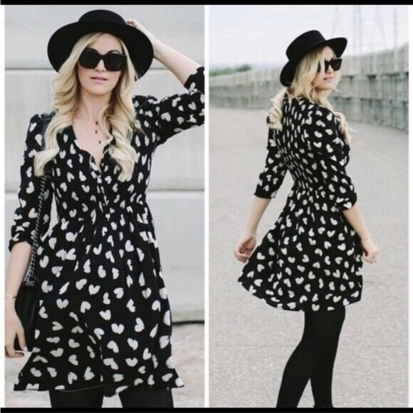 Anthropologie Maeve XSmall Banet black/white heart print smocked dress - Picture 2 of 9